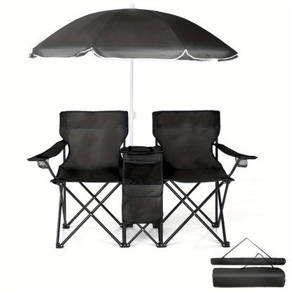 Folding Fishing Chair with Sun Umbrella – 2-Seat Portable Outdoor Chair, Iron Alloy Frame & Oxford Fabric, Built-In Storage Bag & Carry Bag, for Beach, Patio, Camping & Sunbathing, 4 Colors