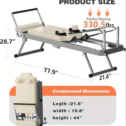 Pilates Reformer Machine for Home Gym – Foldable Pilates Equipment with Adjustable Resistance Springs, 11-Level Intensity, Smooth Sliding Rails, 330 lbs Capacity for Beginners & Advanced