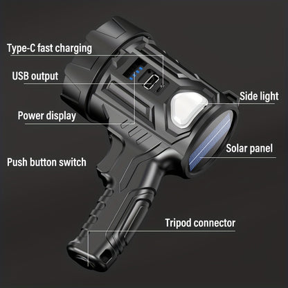 Portable LED Flashlight 2000 Lumen Solar Rechargeable Power Bank USB-C for Camping Hiking Outdoor Emergency