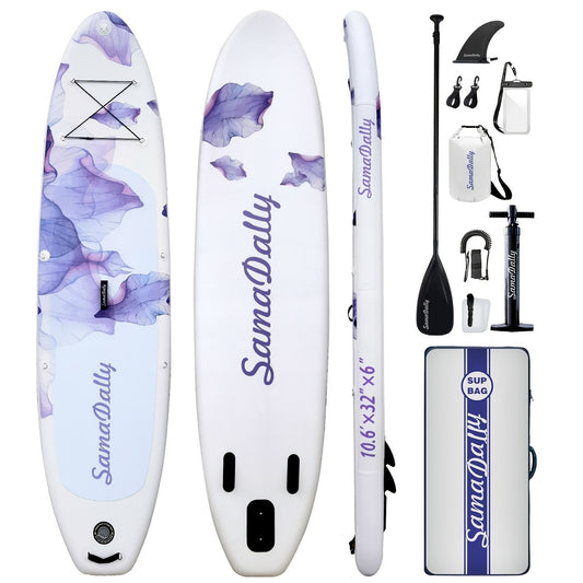 Floral Inflatable SUP Board 10.6ft x 32'' Purple Flower Pattern EVA Non-Slip Deck with Hand Pump Waterproof Bag Removable Fin Leash for All Skill Levels