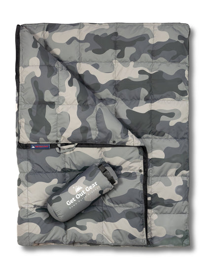 Convertible Camouflage Camping Blanket Gray Camo / Down Insulation option