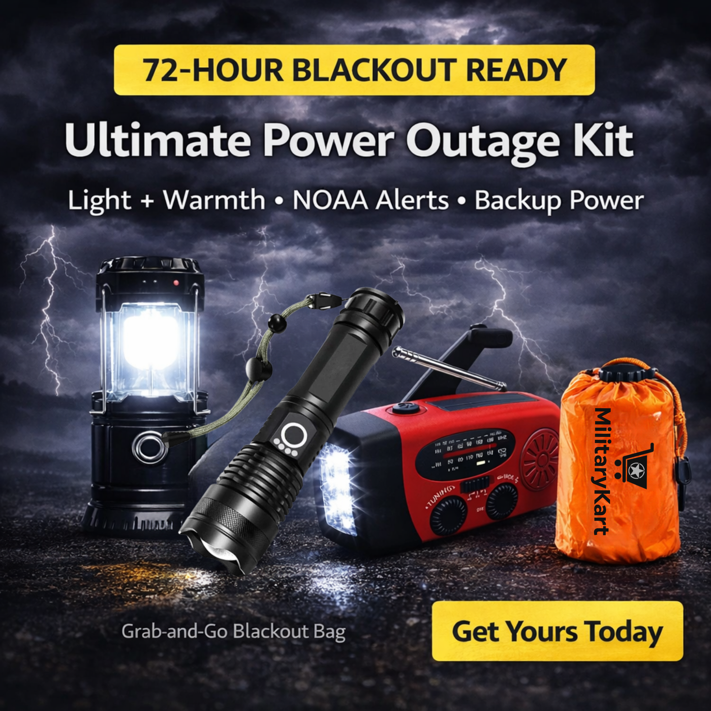 Power Outage Kit – 72-Hour Blackout Survival Bag with Lantern, Flashlight, Emergency Radio & Thermal Bivy