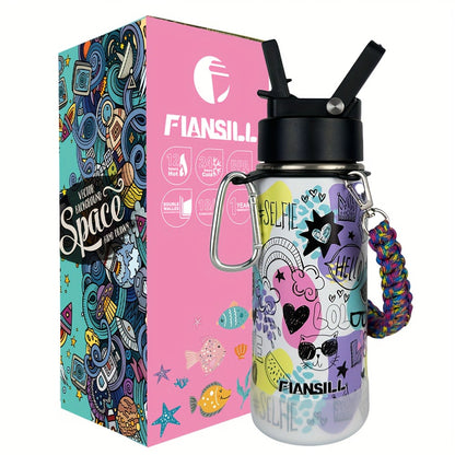 Kids Insulated Water Bottle 16oz with 3D Print Design - Stainless Steel Vacuum Flask, Leak-Proof BPA-Free, One-Hand Lid, Woven Strap & Carabiner, Perfect Student Gift for Boys & Girls, 8 Fun Styles