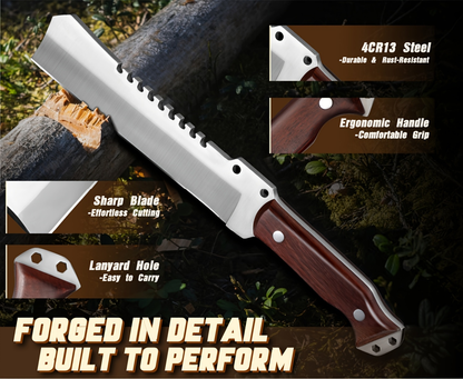 Survival Machete Fixed Blade Knife 7.2" – 4Cr13 High Carbon Steel, Full Tang, Ergonomic Wooden Handle, Leather Sheath for Camping, Bushcraft & Outdoor Survival