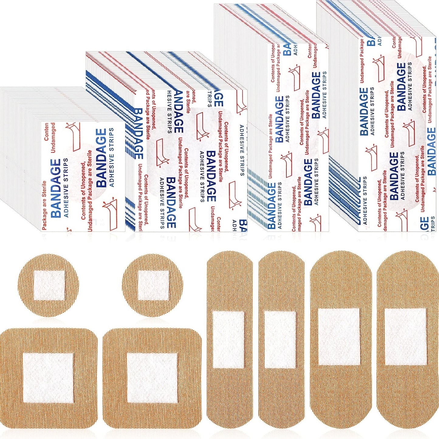 Fingertip Bandages Bulk Pack 100/200pcs, 4 Styles Flexible Fabric Adhesive Bandages, Breathable Skin-Tone Wound Care Strips for Finger Injuries, Family First Aid Kit Refill
