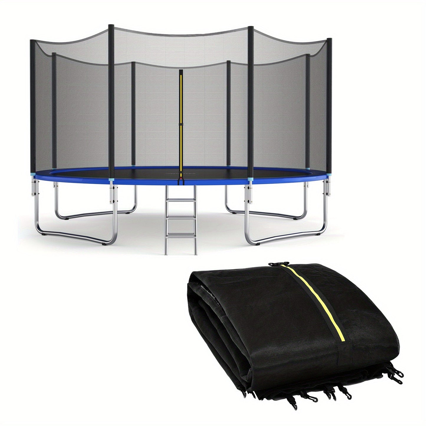 Trampoline Safety Net Replacement 12FT 14FT – PE Enclosure Net with Zipper Door & Safety Buckles for 8 Straight Poles