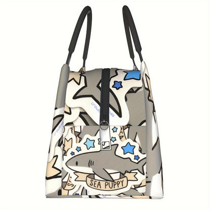 Cooler Bag with Grey Shark Pattern - Portable Reusable Insulated Lunch Bag for Camping, Picnic, Beach, Office, Home & Outdoor Use, Fun Kids & Adults Novelty Cooler Tote, 11 x 6.3 x 6.7 in