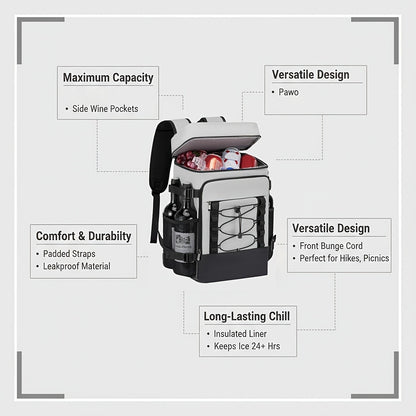Insulated Cooler Backpack Leakproof Thermal Lunch Bag, Large Capacity Waterproof Cooling Rucksack for Camping, Hiking, Picnic & Beach, Foldable Soft Cooler Bag for Men & Women, Black & Grey