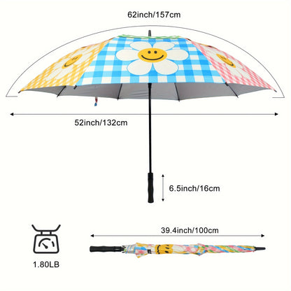 Extra Large Golf Umbrella 52 Inch Double Canopy Windproof - Smile Face Design, 2-Layer Vented Canopy, Straight Long Handle 39.37", Auto Open Button, Sunshade Coverage for 3-4 People, Oversized Rain & Sun Umbrella