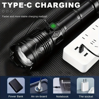 Survival Flashlight with Fire Starter Fresnel Lens 26650 Lithium Battery High Lumen for Wilderness Camping Hunting Fishing Emergency
