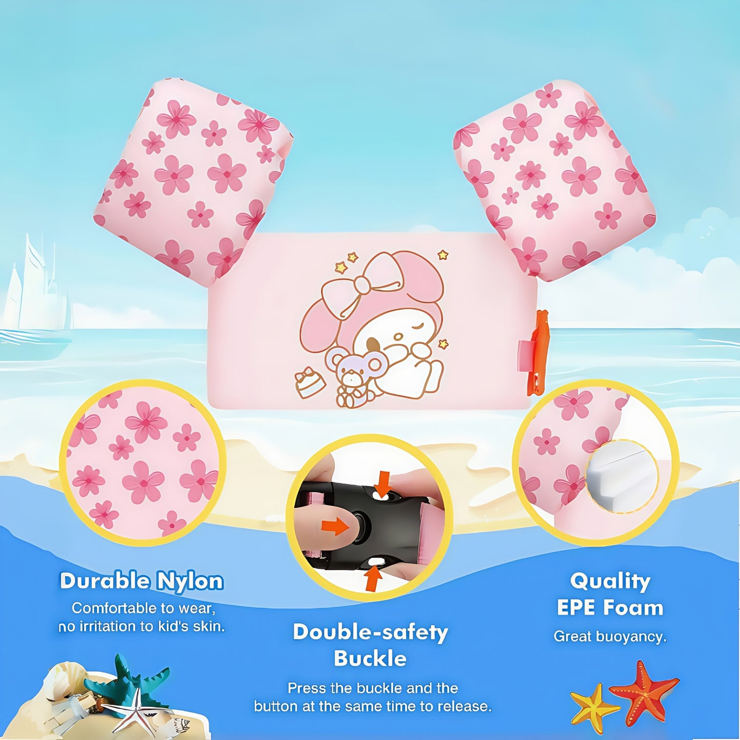 Kids Swim Vest Floating Jacket – Adjustable Straps, Lightweight, Cute Cartoon Pattern for Boys Girls Beginners, Pool Beach Water Safety 20-50 lbs