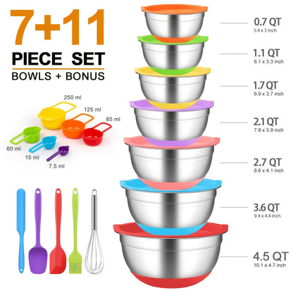 Stainless Steel Mixing Bowls Set with Airtight Lids 7 Piece, Stackable Nesting Bowls with Measuring Spoons Whisk Spatula Tongs Basting Brush, Dishwasher Safe Kitchen Bowls for Cooking Baking Camping Travel
