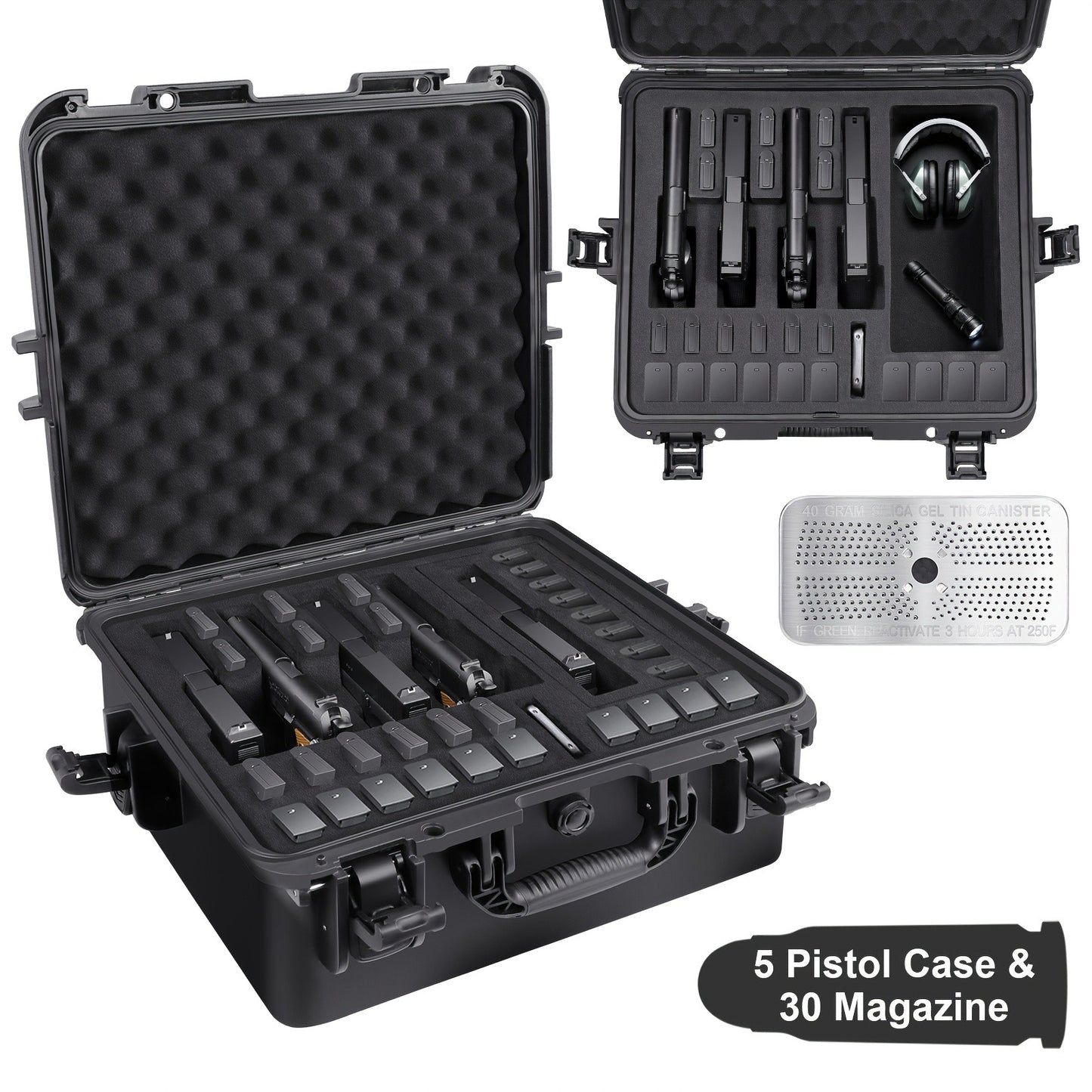 Hard Pistol Case Holds 5 Handguns & 30 Magazines - Lockable Travel Gun Case with Pre-Cut Foam, Silica Gel Canister, ABS Hard Shell, Multiple Pistol Storage Box for Handguns Under 11 Inches