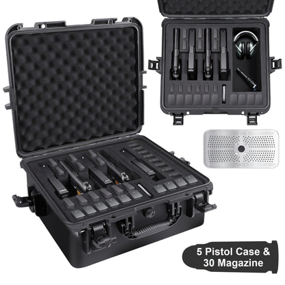 Hard Pistol Case Holds 5 Handguns & 30 Magazines - Lockable Travel Gun Case with Pre-Cut Foam, Silica Gel Canister, ABS Hard Shell, Multiple Pistol Storage Box for Handguns Under 11 Inches