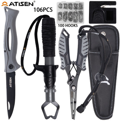 Fishing Knife Set 106PCS – Bait Knife, Luya Tongs, Knife Sharpener, Fishing Line Clippers & Anti-Loss Stretch Rope, Orange High-Visibility Fishing Tool Kit for Outdoor Camping Hiking, Best Gift for Men