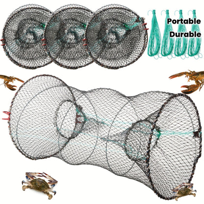 Collapsible Fishing Trap Net 4 Pack - Crab Crawfish Minnow Lobster Shrimp Bait Cage with 49ft Rope, 12x24 Inch Foldable Fish Trap, Durable PA Nylon, Portable Freshwater Saltwater Fishing Gear