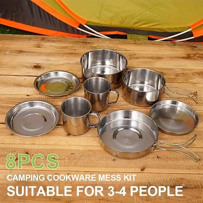 Camping Tableware Set 8 Piece Stainless Steel – Portable Outdoor Dining Set with Foldable Handle Plates, Cups & Utensils | Lightweight Camping Cookware for 2-3 People, Picnic, BBQ & Hiking