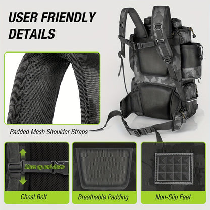 Large Fishing Tackle Bag with 4 Tackle Boxes – 43L Backpack with Rod Holder, Detachable Waist Pack & Gear Storage for Men Women | Black, Khaki & Camo