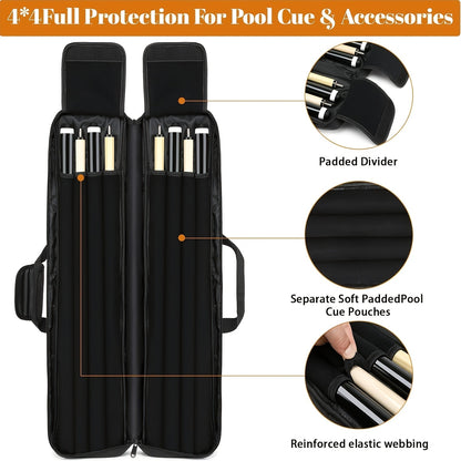 Pool Cue Case 4x4 – Billiard Cue Bag Holds 4 Butts & 4 Shafts, Hidden Backpack Strap, Large Front Accessory Pockets – Durable Pool Stick Carrying Case for Home, Club & Tournament