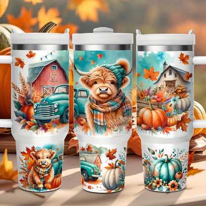 Stainless Steel Insulated Tumbler With Lid and Straw, 40oz & 16oz Highland Cow Thanksgiving Water Bottle With Handle, Keeps Cold 24 Hours Hot 12 Hours, Portable Travel Cup for Car Home Office Birthday Gift