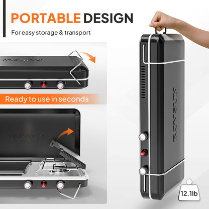 Camping Stove with Oven 2-in-1 – Portable Propane Double Burner 16,000 BTU & Outdoor Oven Combo with Auto-Ignition & Thermometer | Camping, Backyard & Picnic Cooking