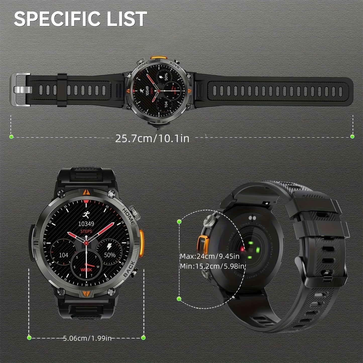 EIGIIS KE3 Rugged Smartwatch for Men – Wireless Calling, HD 1.45" Screen, LED Light, Fitness Tracker, iPhone & Android