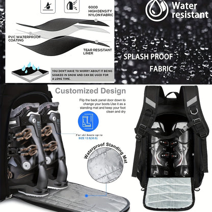 Ski Boot Bag Snowboard Backpack 40-50L Large Capacity Snow Gear Bag for Skiing Helmet Goggles Gloves Snowboard Accessories Winter Sports Equipment Bag Black