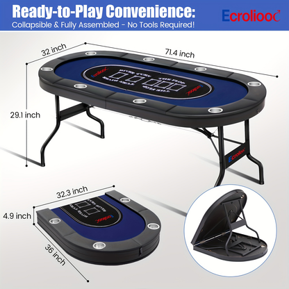 Folding Poker Table for 8 Players – 71 Inch Texas Holdem Table with Collapsible Legs, Classic Felt Surface, Padded Cup Holder Rails & Portable Design for Home Game Night
