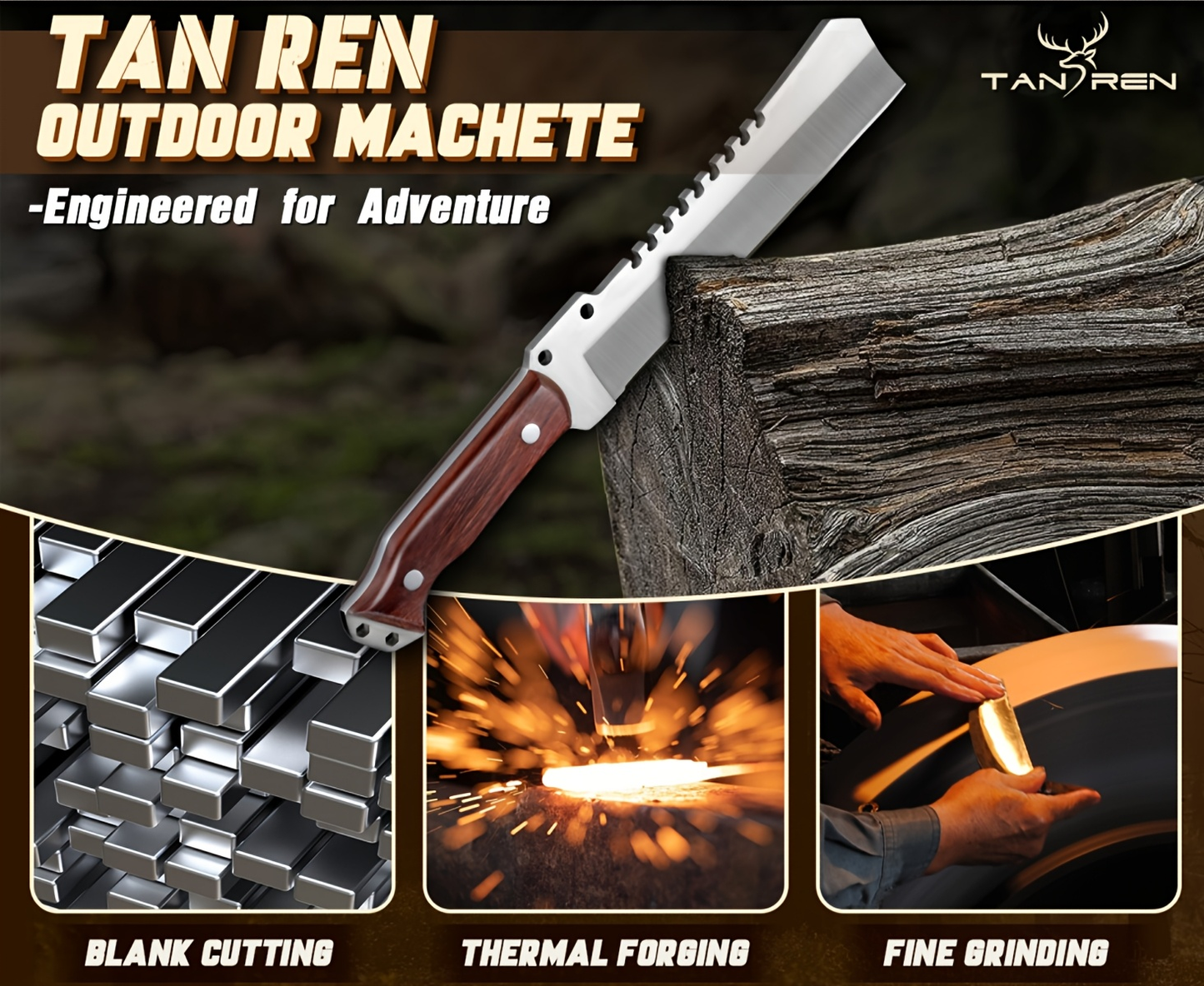 Survival Machete Fixed Blade Knife 7.2" – 4Cr13 High Carbon Steel, Full Tang, Ergonomic Wooden Handle, Leather Sheath for Camping, Bushcraft & Outdoor Survival