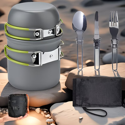 Portable Camping Cookware Set with Double Pot & Utensils - Lightweight Open Fire Cooking Kit with Forks Knives Spoons, Compact Space-Saving Iron Cookware for Outdoor Camping Picnic Travel Adventures