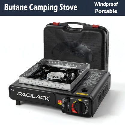 Butane Camping Stove with Carrying Case & Windscreen - Compact Lightweight Portable Camp Stove, Ultra-Fast Ignition, Heavy-Duty Outdoor Cooking for Camping, Backpacking, Tailgating, Emergency Survival