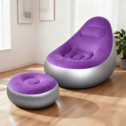 Inflatable Recliner Sofa with Footstool Set - Heavy Duty Portable Folding Air Couch with Plush Fabric & Pump Included, Space-Saving Indoor Outdoor Lounge Chair for Camping, Backyard, Living Room & Travel, 6 Colors Available