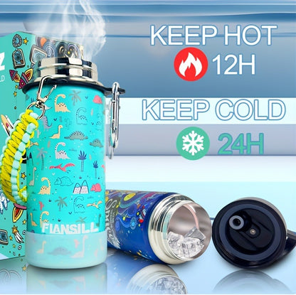 Kids Insulated Water Bottle 16oz with 3D Print Design - Stainless Steel Vacuum Flask, Leak-Proof BPA-Free, One-Hand Lid, Woven Strap & Carabiner, Perfect Student Gift for Boys & Girls, 8 Fun Styles