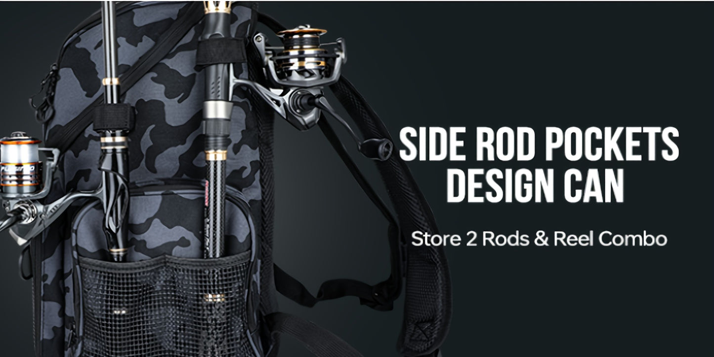 Waterproof Fishing Rod Backpack 42L – Built-In Rod Tube, 16 Pockets & Insulated Cooler Option | Black, Camo, Khaki, Gray