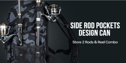 Waterproof Fishing Rod Backpack 42L – Built-In Rod Tube, 16 Pockets & Insulated Cooler Option | Black, Camo, Khaki, Gray