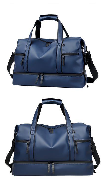 Gym Duffel Bag with Wet Pocket & Shoe Compartment - Foldable PU Leather Sports Travel Bag for Workouts, Weekend Trips & Everyday Use, Lightweight Carry-On Luggage Bag for Men Women (Black/Blue/Grey)