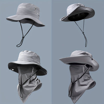 Wide Brim Sun Hat with Face Mask 2-Set UV Protection Foldable Fishing Hat, Breathable Drawstring Outdoor Cap for Beach, Fishing, Hiking & Outdoor Work, Unisex Men & Women, Black Gray Khaki