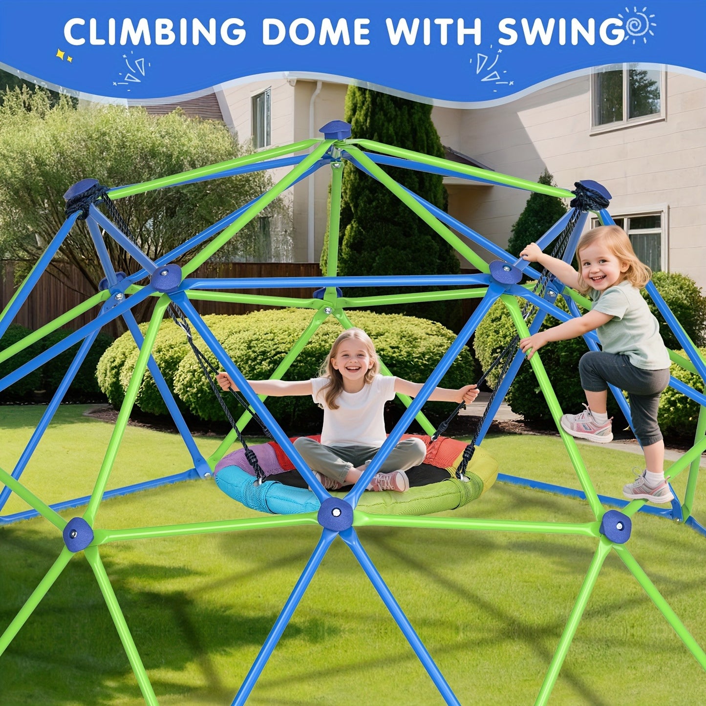 10FT Kids Climbing Dome with Hammock Swing Disc Swing Backyard Jungle Gym Steel Frame Outdoor Play Equipment 1000 LBS Capacity Gift for Boys Girls Ages 3-10