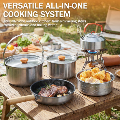 Backpacking Cookware Mess Kit 19/27pcs – Non-Stick Pot Pan Kettle with Stainless Steel Cutlery, Lightweight Camping Cook Set for Open Fire, Hiking & Outdoor Cooking