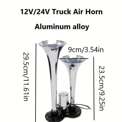 Dual Air Horn Kit 12V/24V 105-137dB with Air Compressor - Super Loud Aluminum Alloy Trumpet Horn for Truck, Train, SUV, Motorcycle, Car & Boat, Universal Electric Horn Easy Install
