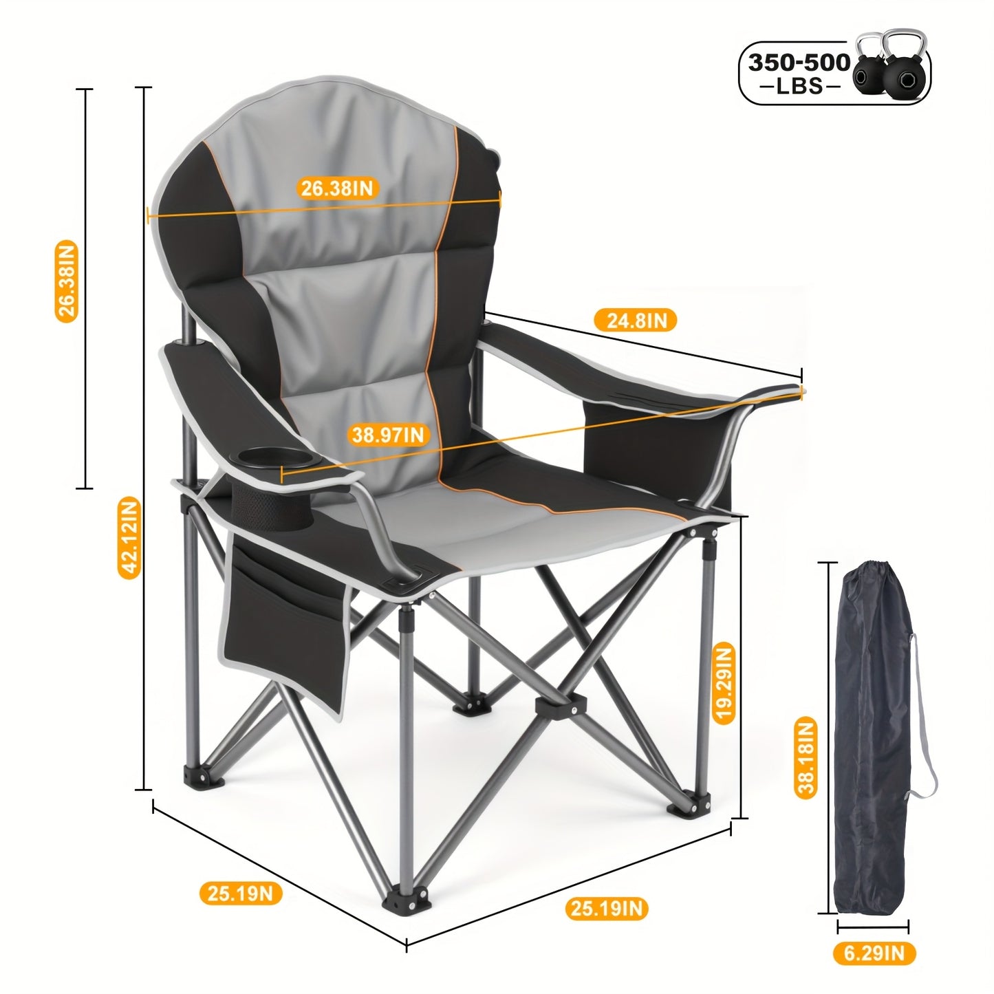 Heavy Duty Folding Camping Chair 600 Lbs Capacity – Padded Seat, Insulated Cooler Bag, Organizer Pockets & 2 Cup Holders for Camping, Beach, Fishing & Outdoor Events