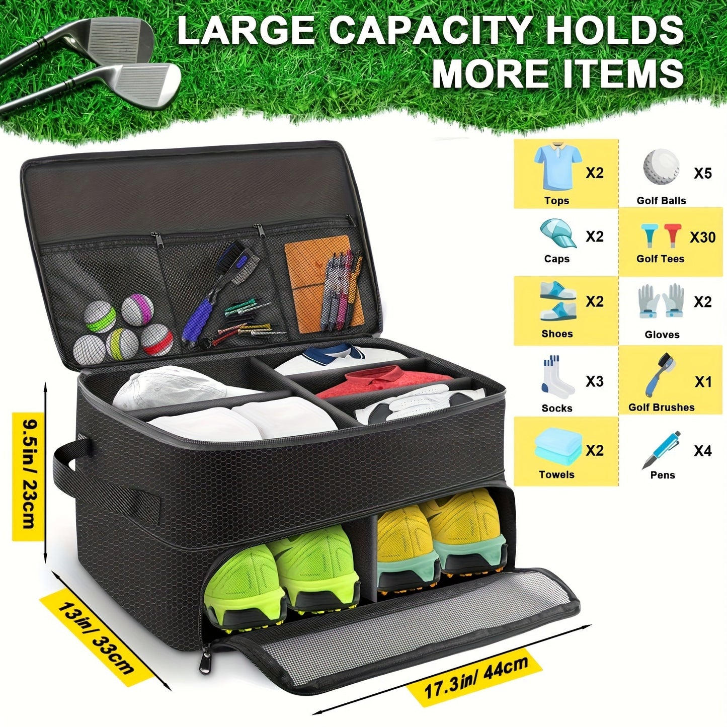 Golf Organizer Storage Box with Compartments and Mesh Pockets Durable Golf Accessory Case for Golf Balls Shoes Gloves Tees and Essentials