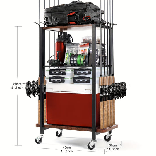 Rotating Fishing Rod Holder Rack Holds 10 Rods Tackle Storage Cart for Garage Floor Standing Pole Organizer Fishing Gear Storage for Men