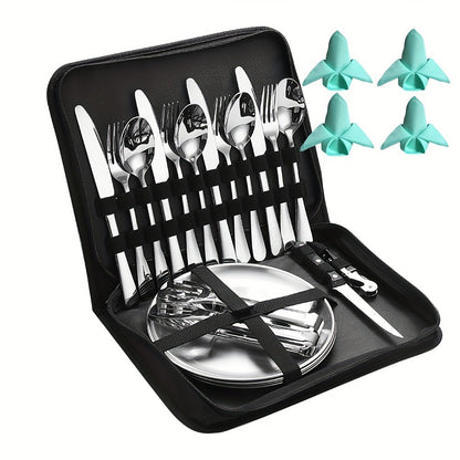 Camping Mess Kit 24pcs Stainless Steel Cutlery Set for 4 – Plates, Spoons, Forks, Serrated Knives & Cloth Napkins – Portable Dinnerware for Backpacking, Hiking & Picnic