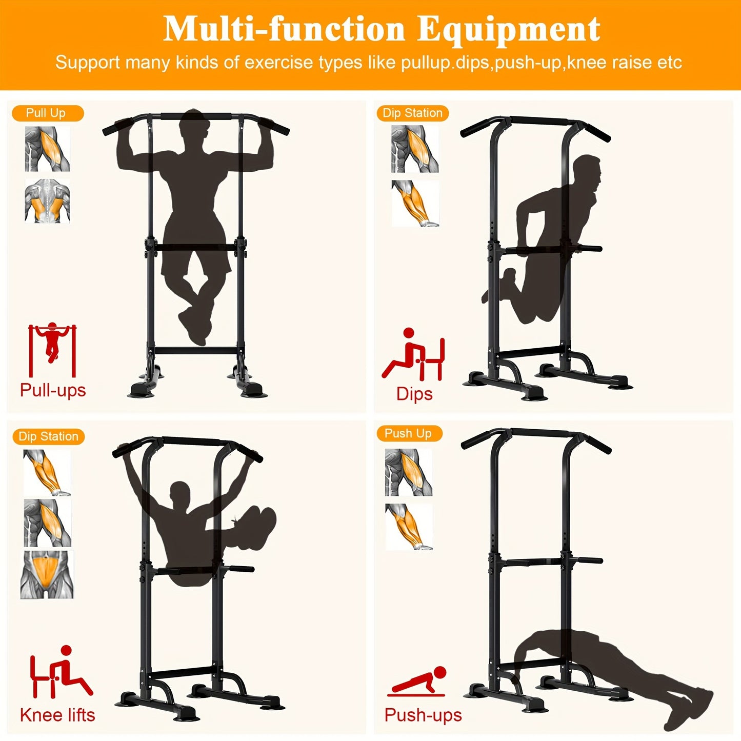Power Tower Dip Station Pull Up Bar for Home Gym – 330lb Capacity, 10 Height Levels 65"-83", 6 Exercise Positions, H-Base with Suction Cups – Full Body Strength Training Equipment