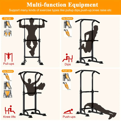 Power Tower Dip Station Pull Up Bar for Home Gym – 330lb Capacity, 10 Height Levels 65"-83", 6 Exercise Positions, H-Base with Suction Cups – Full Body Strength Training Equipment