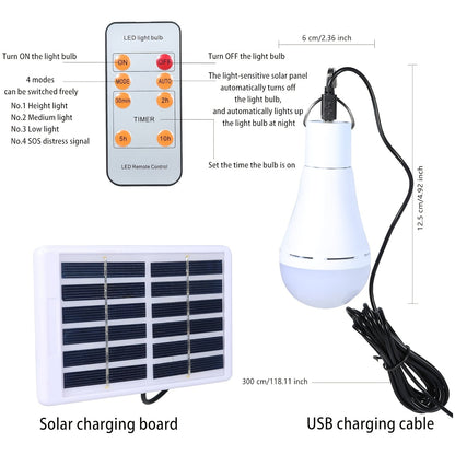 Solar Light Bulbs 2 Pack Campsite Outdoor – Remote Control Timer, 4 Modes 300LM, Light Sensor Auto On/Off, Solar & USB Rechargeable – Shed, Chicken Coop, Emergency & Camping Light