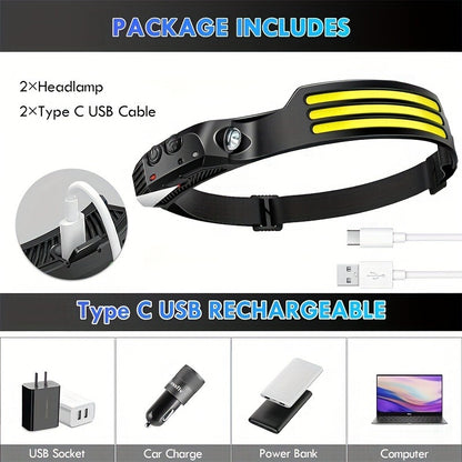 COB LED Headlamp 2 Pack 230° Wide Beam Motion Sensor Rechargeable Head Torch for Hiking Running Fishing Camping Hard Hat