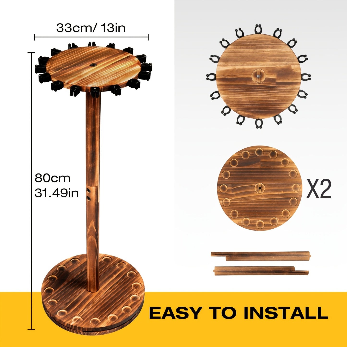 Fishing Rod Rack Holds 16 Rods - Circular Wooden Pole Holder with 360° Rotating Base Option - Space-Saving Wall-Free Fishing Rod Organizer for Garage, Basement & Home Storage
