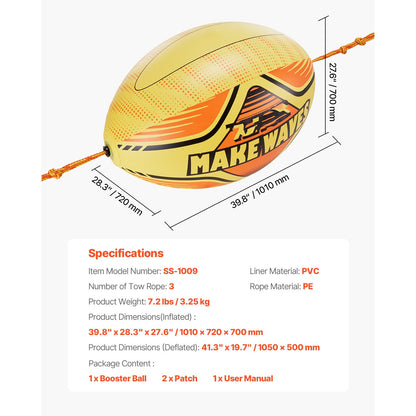 Inflatable Booster Ball for Towable Tubes 680lbs Tensile Strength 0.75mm Thickened PVC with PE Tow Rope for Boating Water Sports Sea Lake River